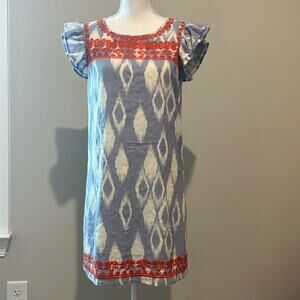 Anthropologie THML Abstract Embroidered Shift Dress XS 2‎ 4 Lined Preppy Ruffle